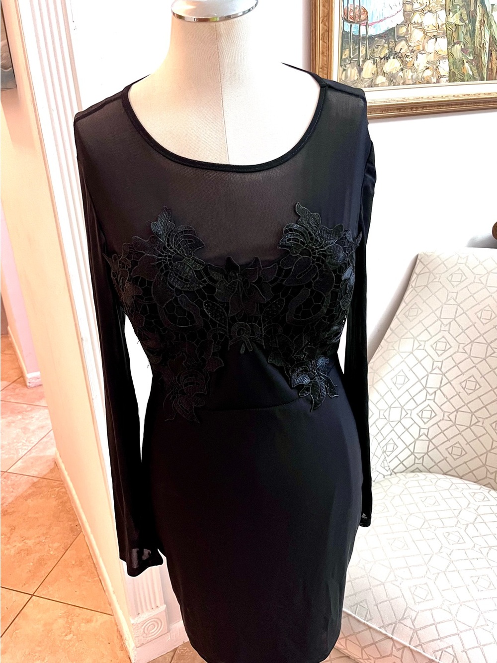 Black Long-Sleeve Sheath Dress with Lace Appliqué